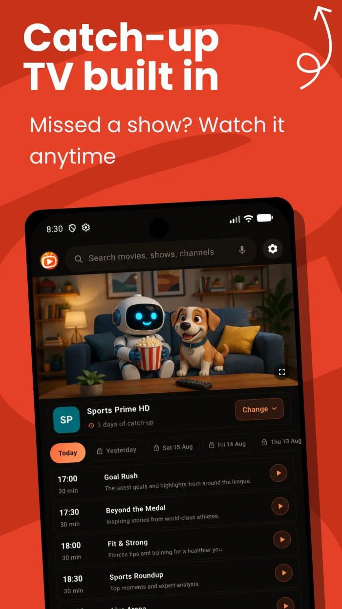 Phone — catch-up TV with a day-by-day replay schedule
