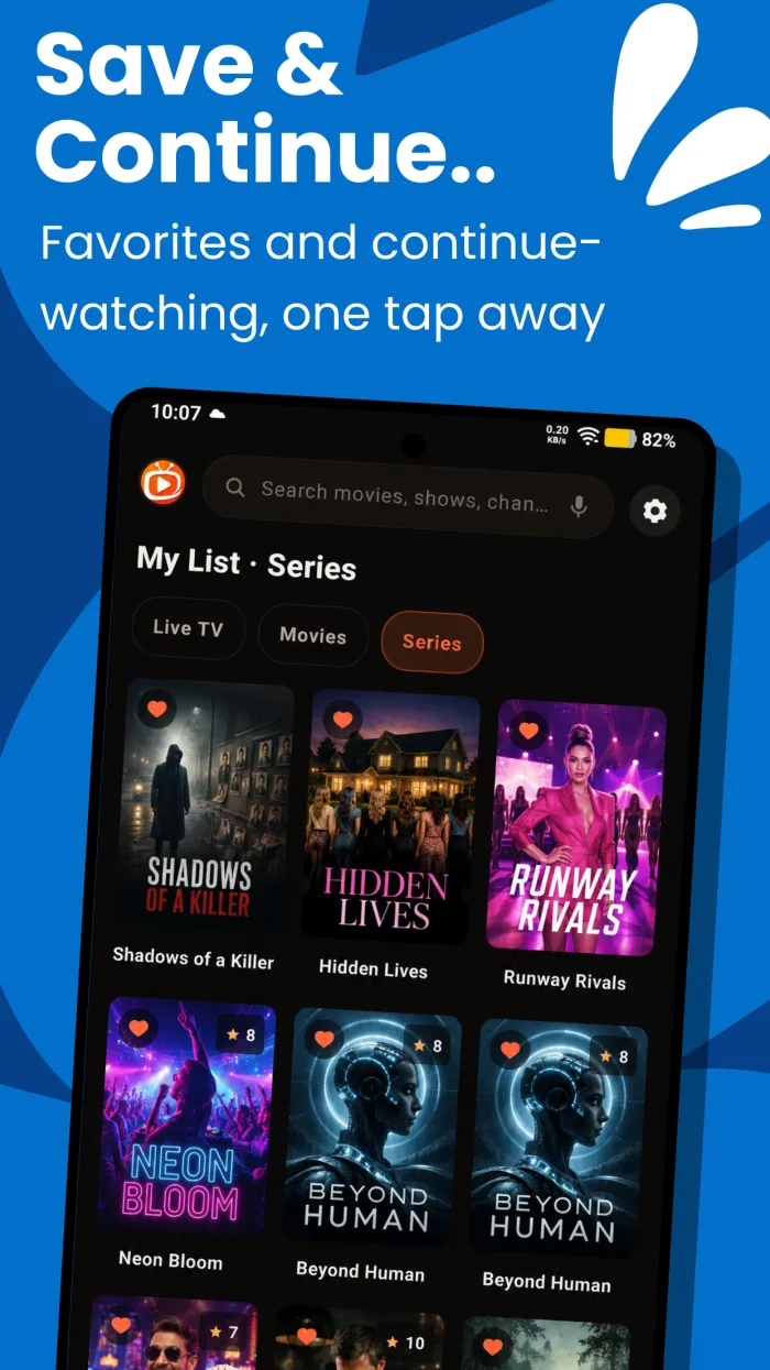Phone — My List showing saved series in a poster grid