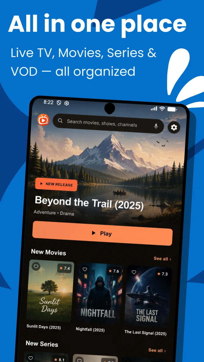 Phone — home screen with a featured title and New Movies and New Series rows