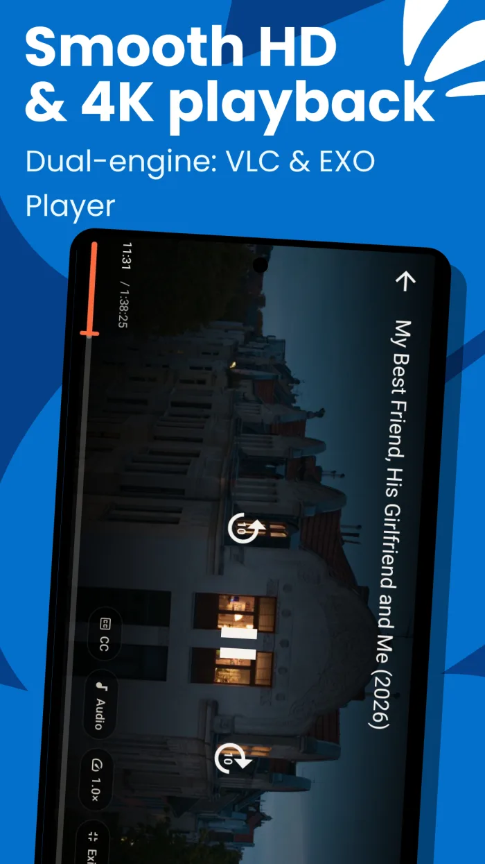 Phone — full-screen video playback with dual-engine HD and 4K support