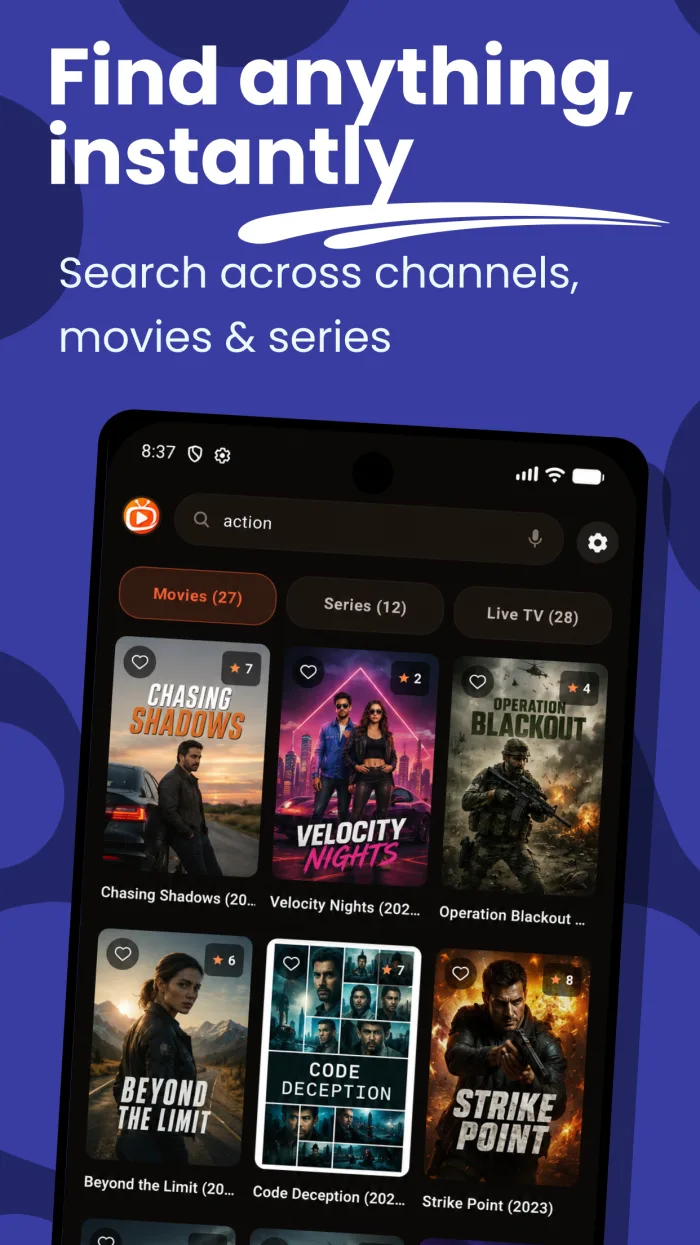 Phone — search results across Movies, Series and Live TV