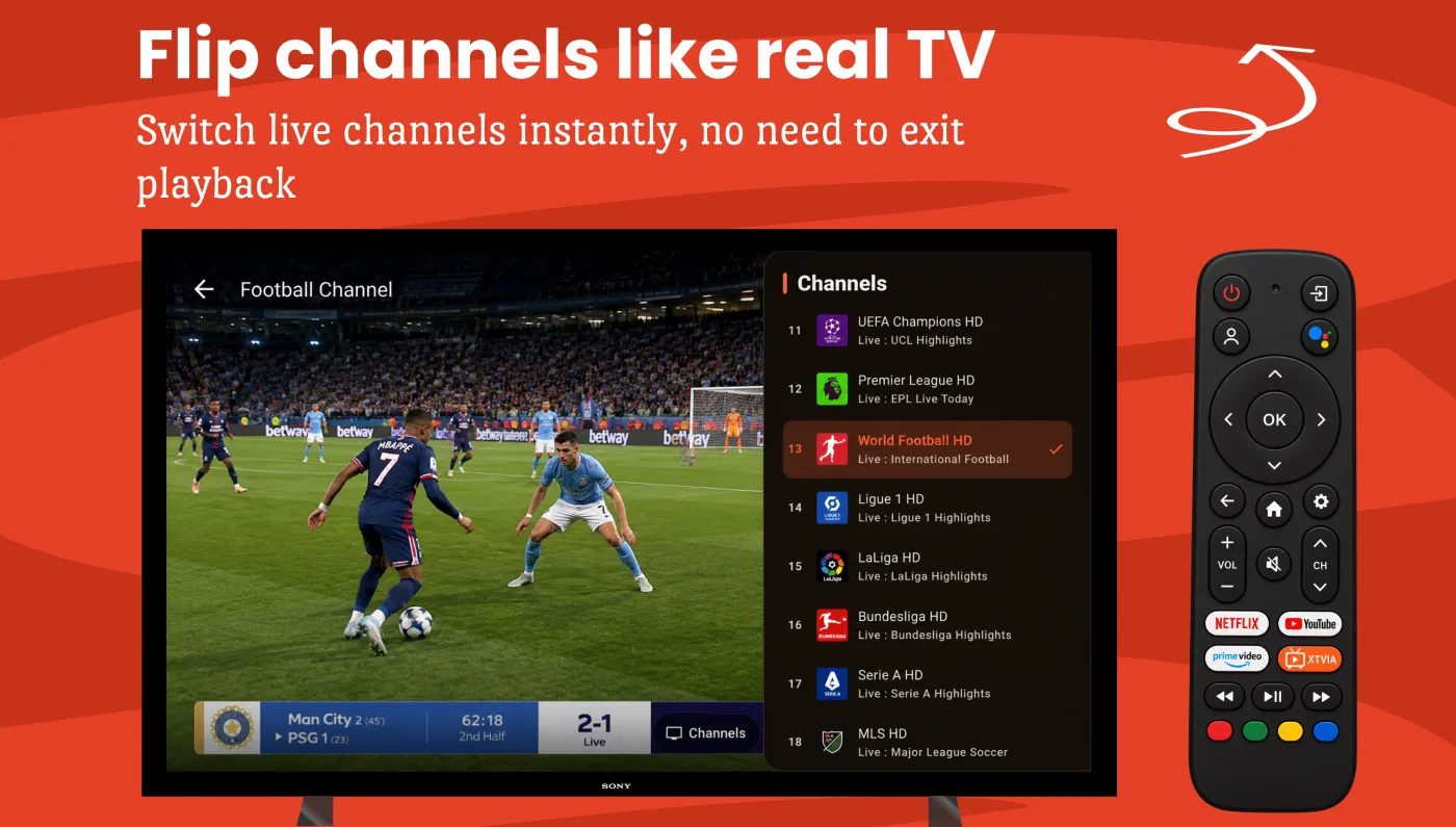 TV — a live match playing with the channel list open alongside it