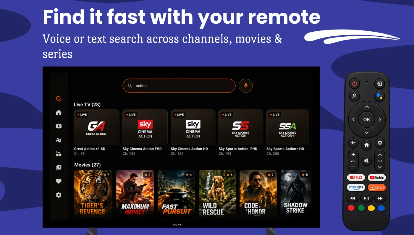 TV — search results for "action" split into Live TV and Movies matches